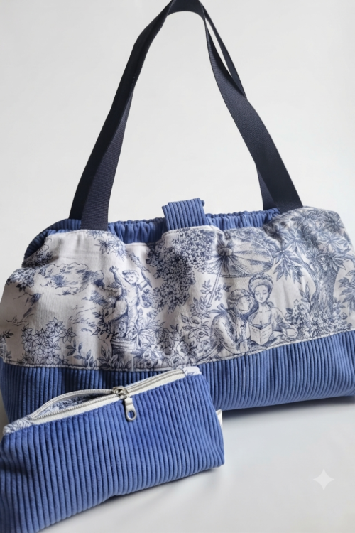 Sac à projets très grand format toile de Jouy et trousse assortie