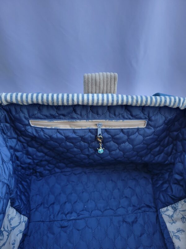 Sac à projets tricot crochet broderie toile feuillage bleu