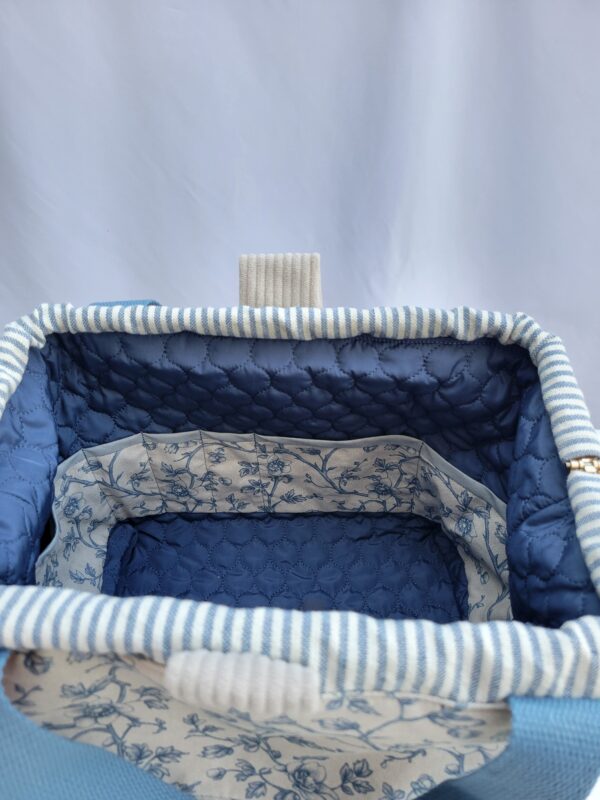 Sac à projets tricot crochet broderie toile feuillage bleu