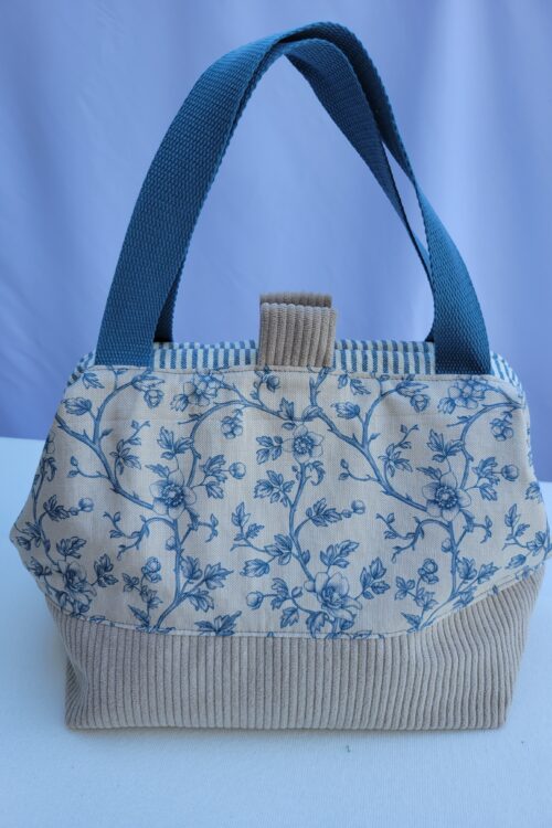 Sac à projets tricot crochet broderie toile feuillage bleu