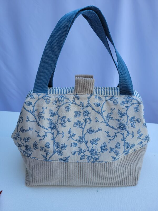 Sac à projets tricot crochet broderie toile feuillage bleu