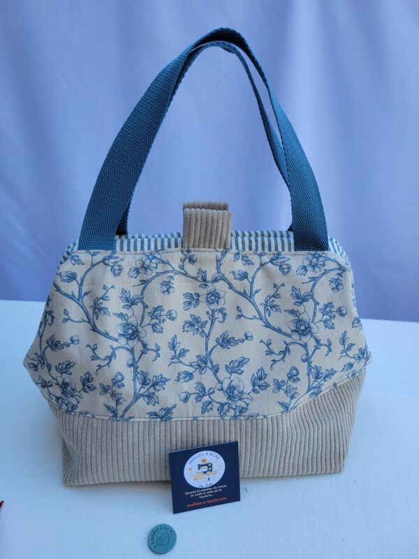 Sac à projets tricot crochet broderie toile feuillage bleu