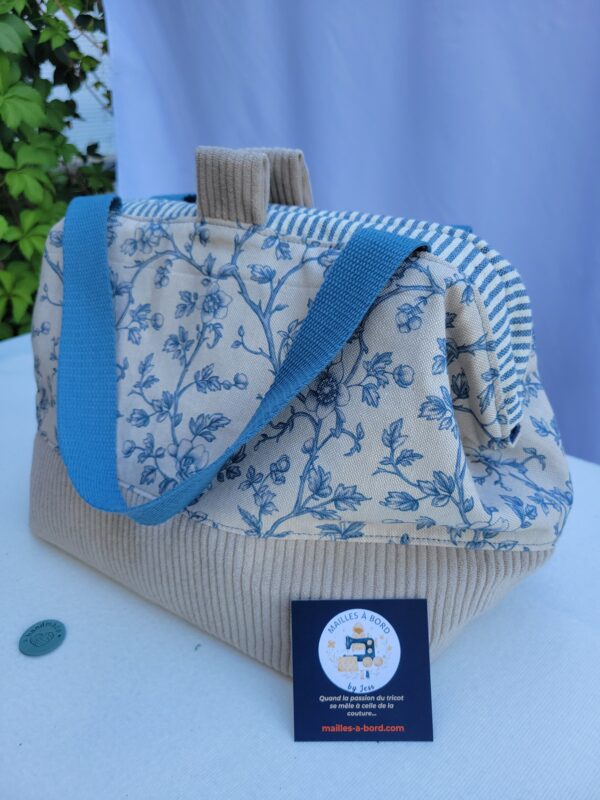 Sac à projets tricot crochet broderie toile feuillage bleu