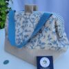 Sac à projets tricot crochet broderie toile feuillage bleu