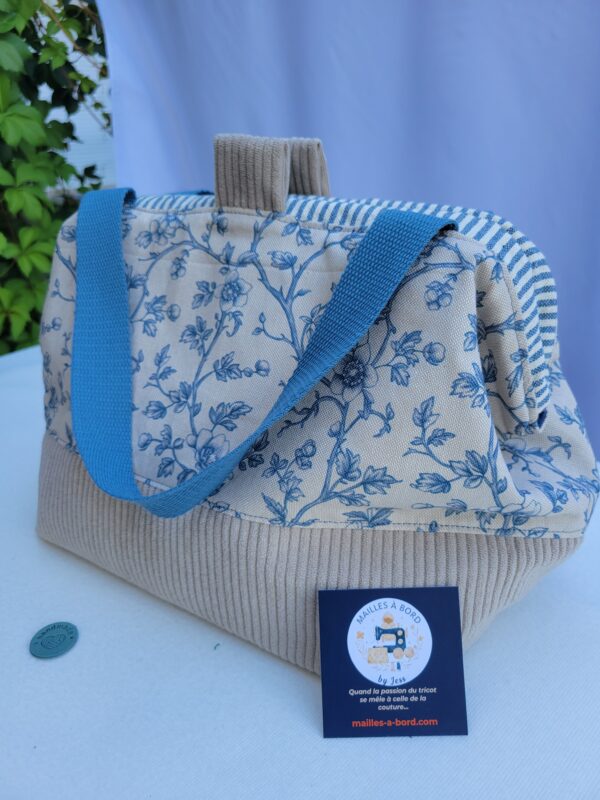 Sac à projets tricot crochet broderie toile feuillage bleu
