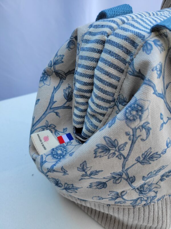 Sac à projets tricot crochet broderie toile feuillage bleu