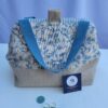 Sac à projets tricot crochet broderie toile feuillage bleu