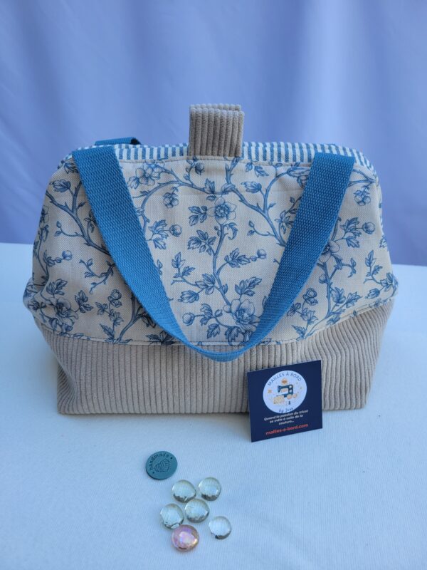 Sac à projets tricot crochet broderie toile feuillage bleu