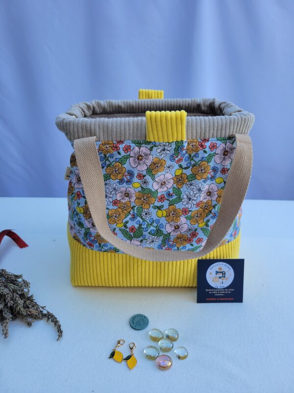 Sac à projets tricot crochet broderie jaune fleuri