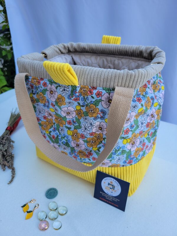 Sac à projets tricot crochet broderie jaune fleuri