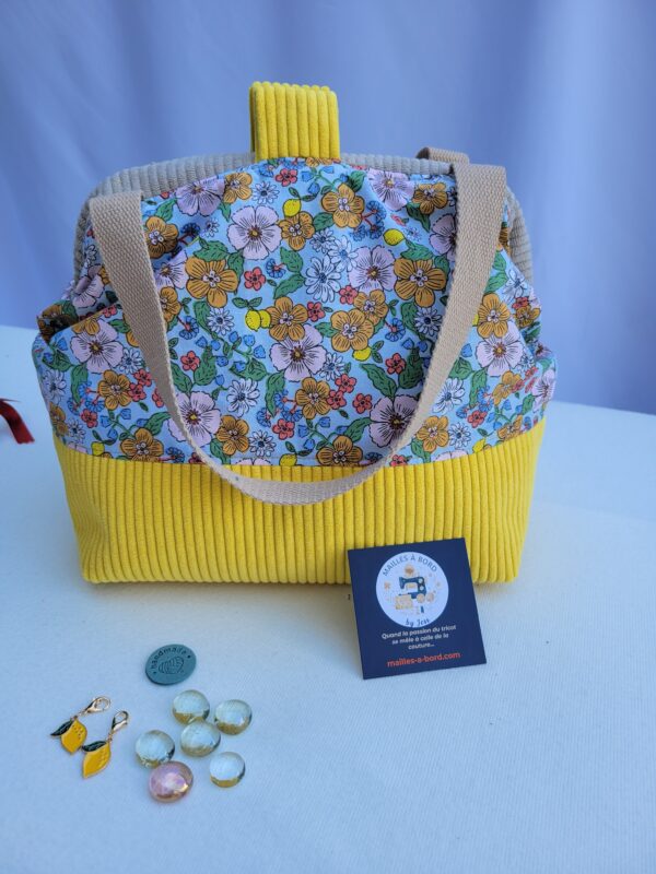 Sac à projets tricot crochet broderie jaune fleuri