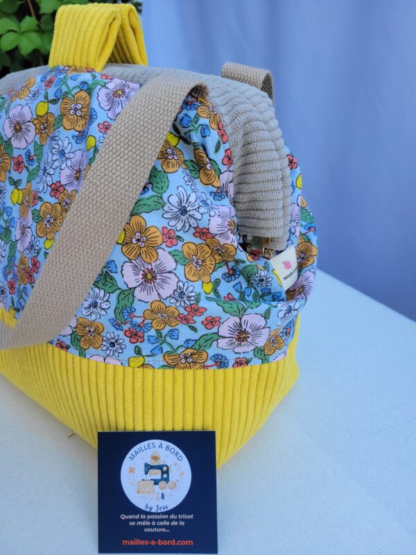 Sac à projets tricot crochet broderie jaune fleuri