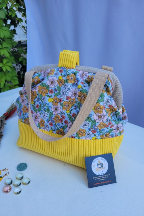 Sac à projets tricot crochet broderie jaune fleuri