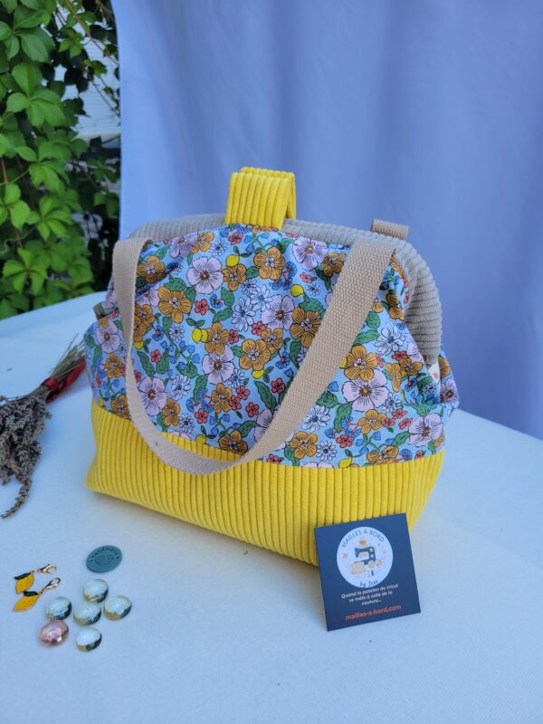Sac à projets tricot crochet broderie jaune fleuri