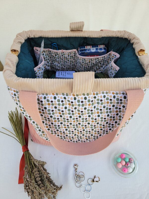 Sacs à projets et accessoires pour tricot crochet broderie en velours rose et motifs confettis