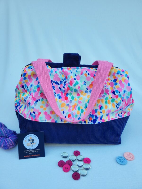 Sac_bleu_rose7 sac à projet tricot crochet broderie bleu rose