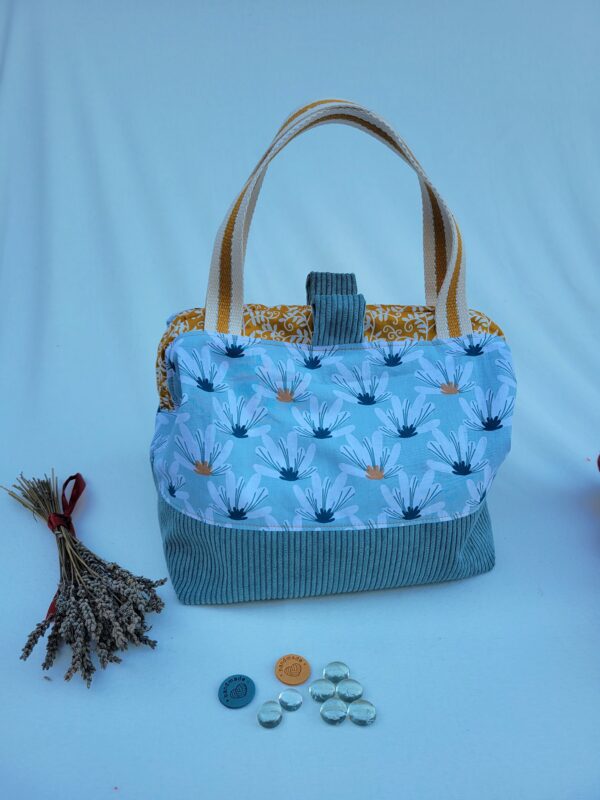 sac à projet tricot crochet broderie ocre pétrole