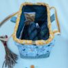 sac à projet tricot crochet broderie ocre pétrole