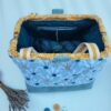 sac à projet tricot crochet broderie ocre pétrole