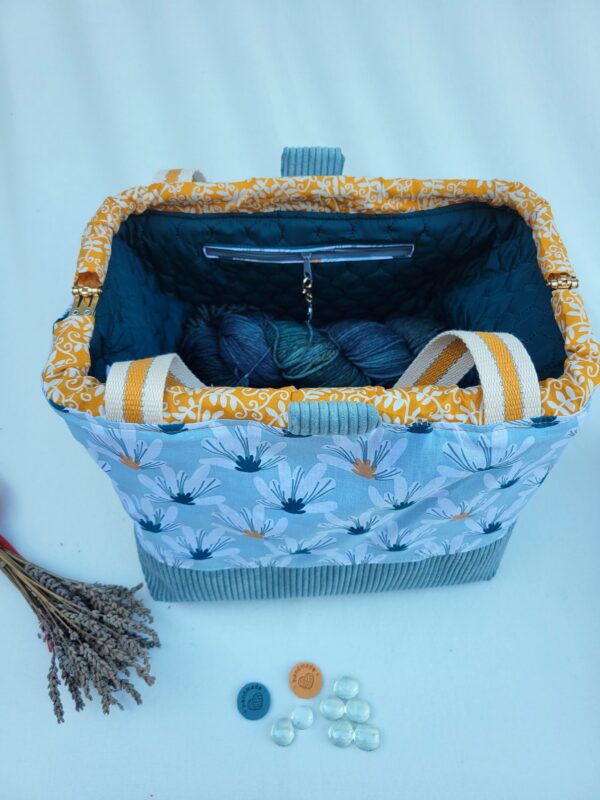 sac à projet tricot crochet broderie ocre pétrole