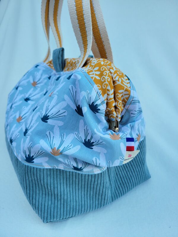 sac à projet tricot crochet broderie ocre pétrole