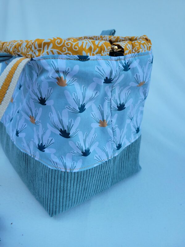 sac à projet tricot crochet broderie ocre pétrole
