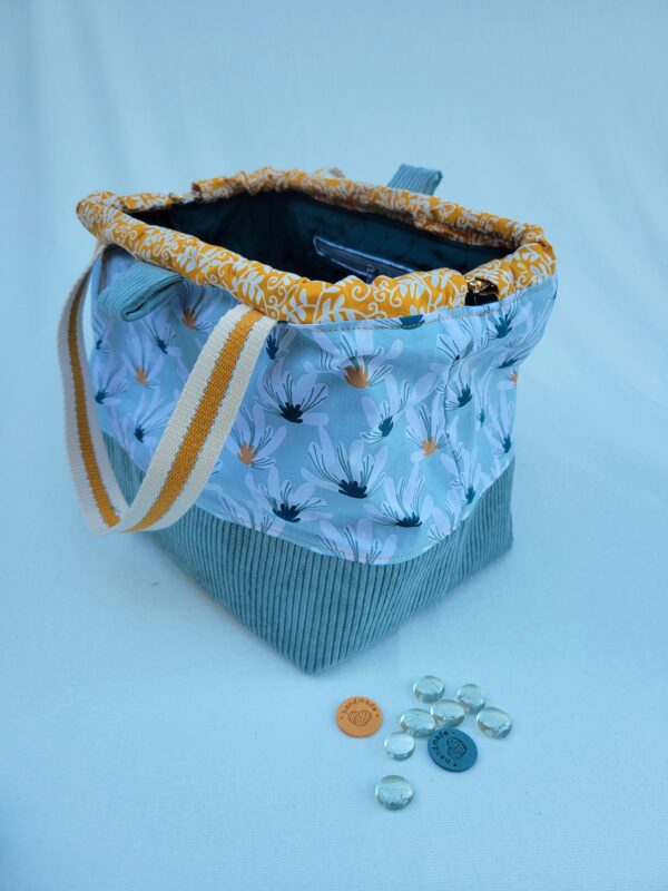 sac à projet tricot crochet broderie ocre pétrole