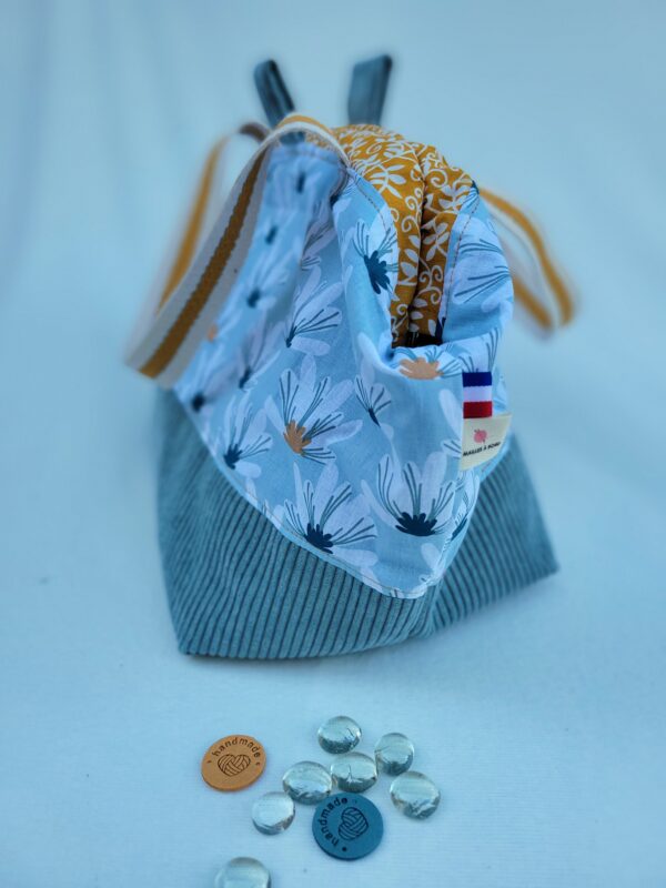 sac à projet tricot crochet broderie ocre pétrole