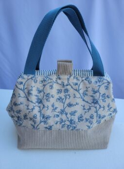Sac à projets tricot crochet broderie toile feuillage bleu