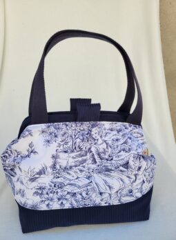 Sacs à projets tricot crochet broderie toile de Jouy bleu/blanc