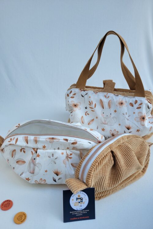 commande-personnalisée1 sac à projet motifs lapins et 2 trousses boules assorties