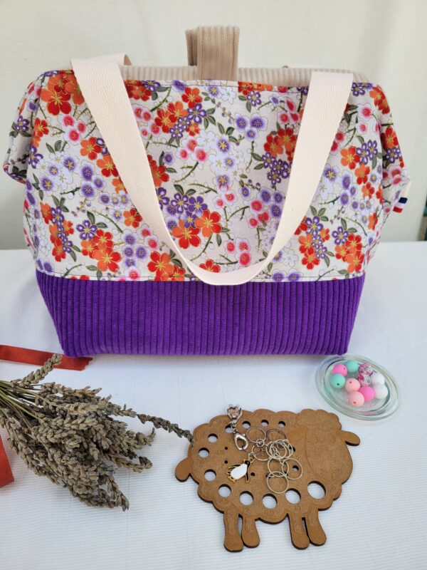sac-fleurs-violettes7 Sac à projet tricot crochet broderie velours violet et fleurs