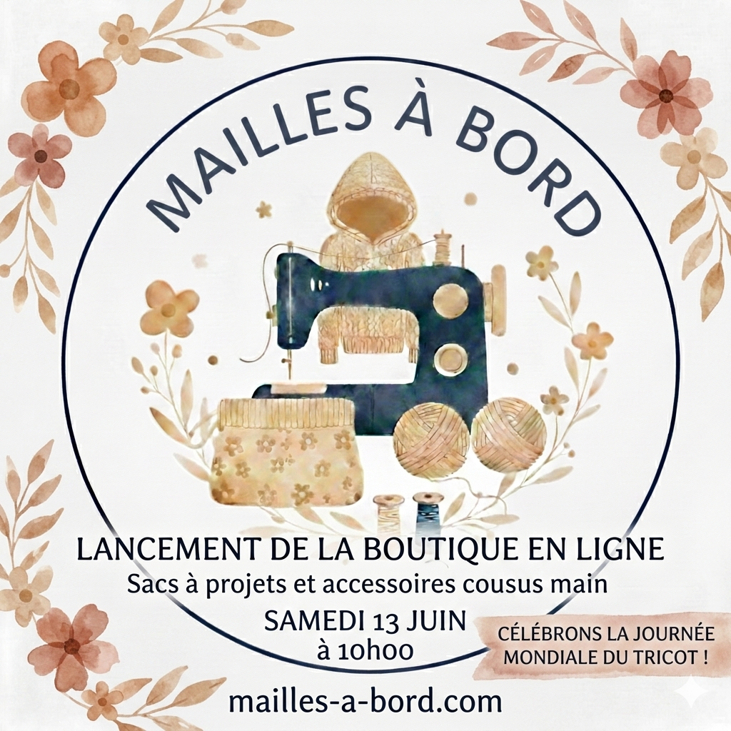 visuel lancement boutique Affiche d'ouverture officielle de la boutique pour le samedi 13 juin 2026 à 10h dans le cadre de la Journée Mondiale du Tricot